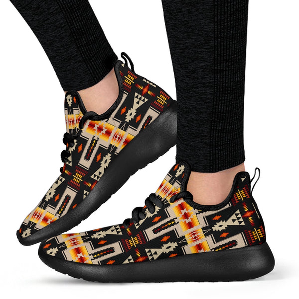 Native American Shoes, Black Tribe Design Native American Mesh Knit Sneakers