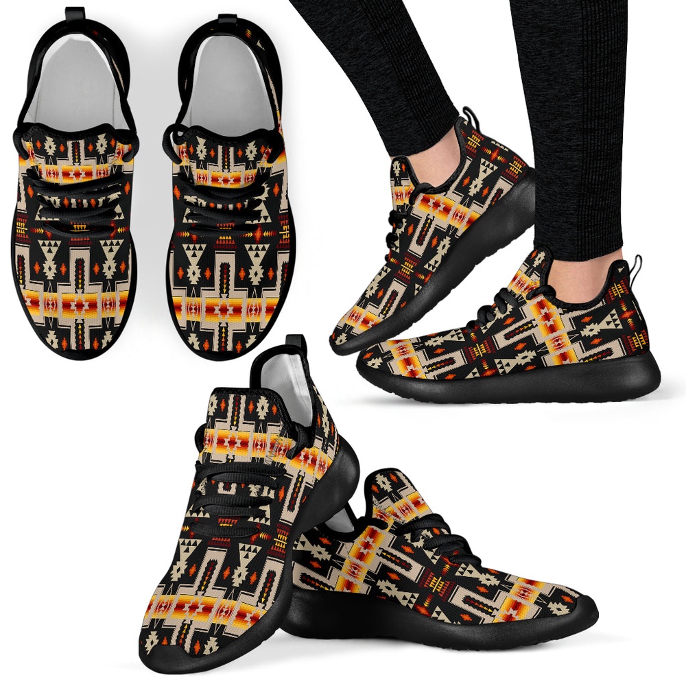 Native American Shoes, Black Tribe Design Native American Mesh Knit Sneakers