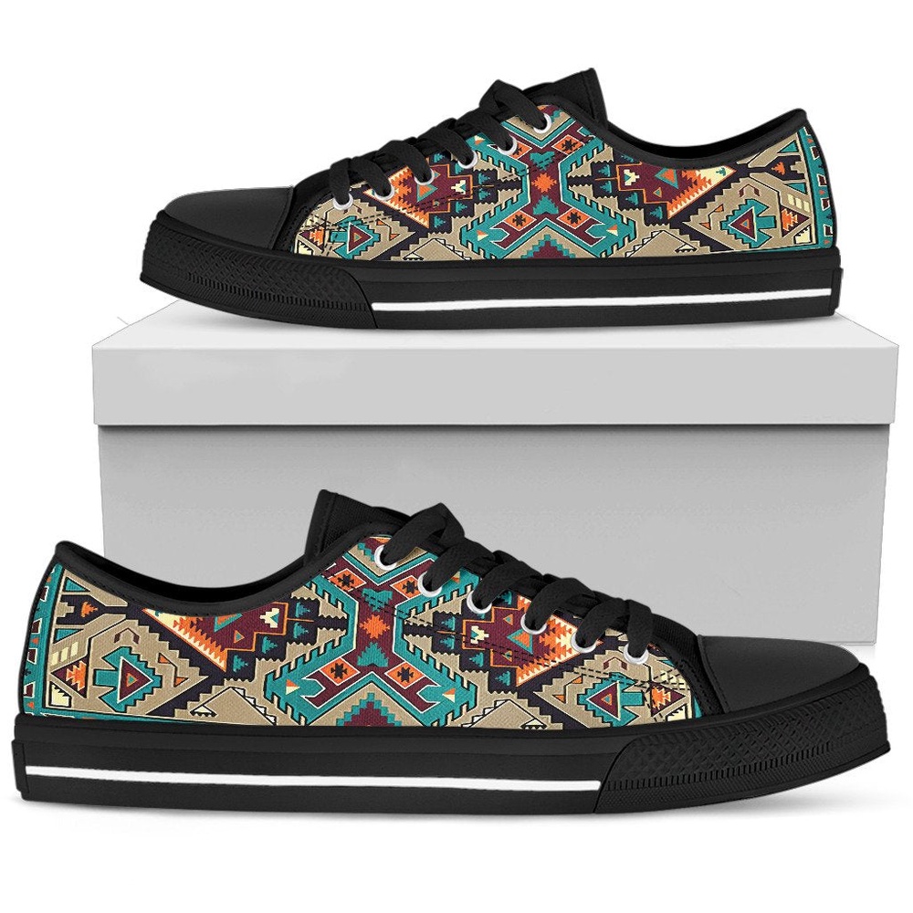 Native American Shoes, Blue Tribal Pattern Native American Design Women’s Low Top Canvas Shoe, Native American Low Top Shoes