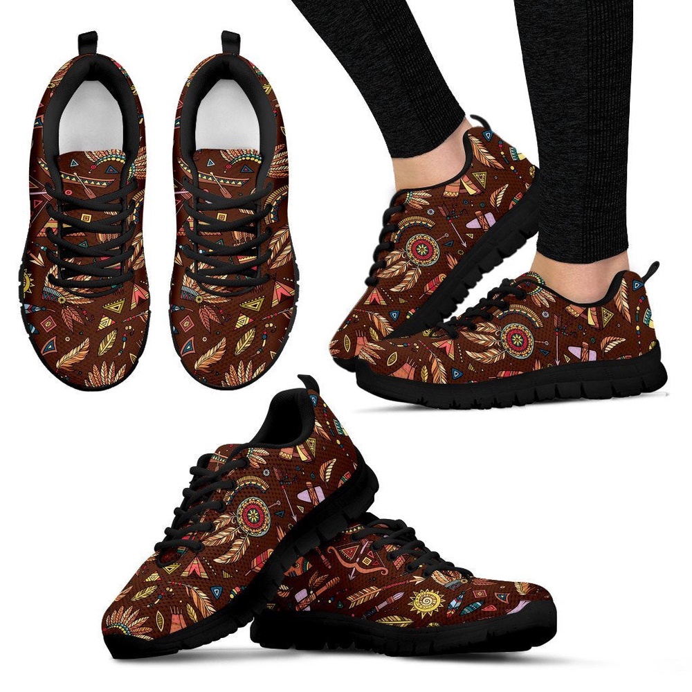 Native American Shoes, Dream Catcher Native American Boho Feather Pattern Print Black Sneaker Shoes For Men Women Native American Shoes, Dream Catcher Native American Boho Feather Pattern Print Black Sneaker Shoes For Men Women