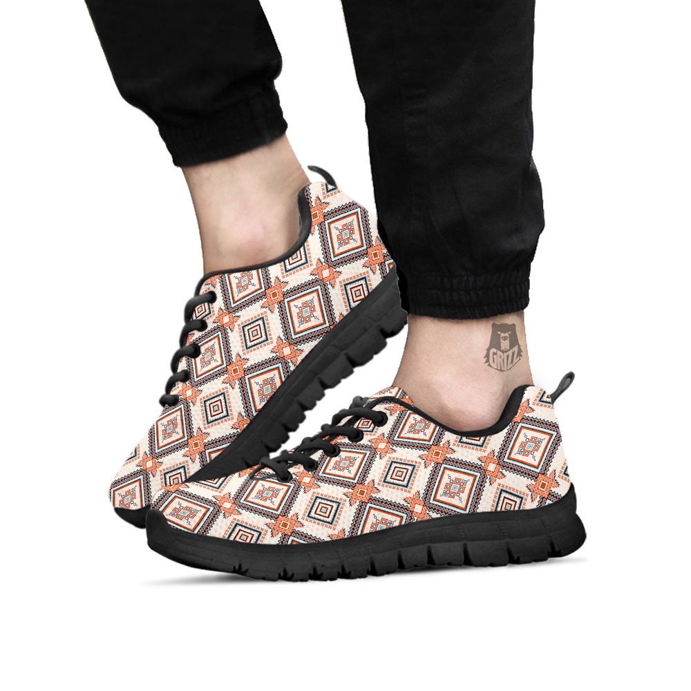 Native American Shoes, Geometric Native American Print Pattern Black Sneaker