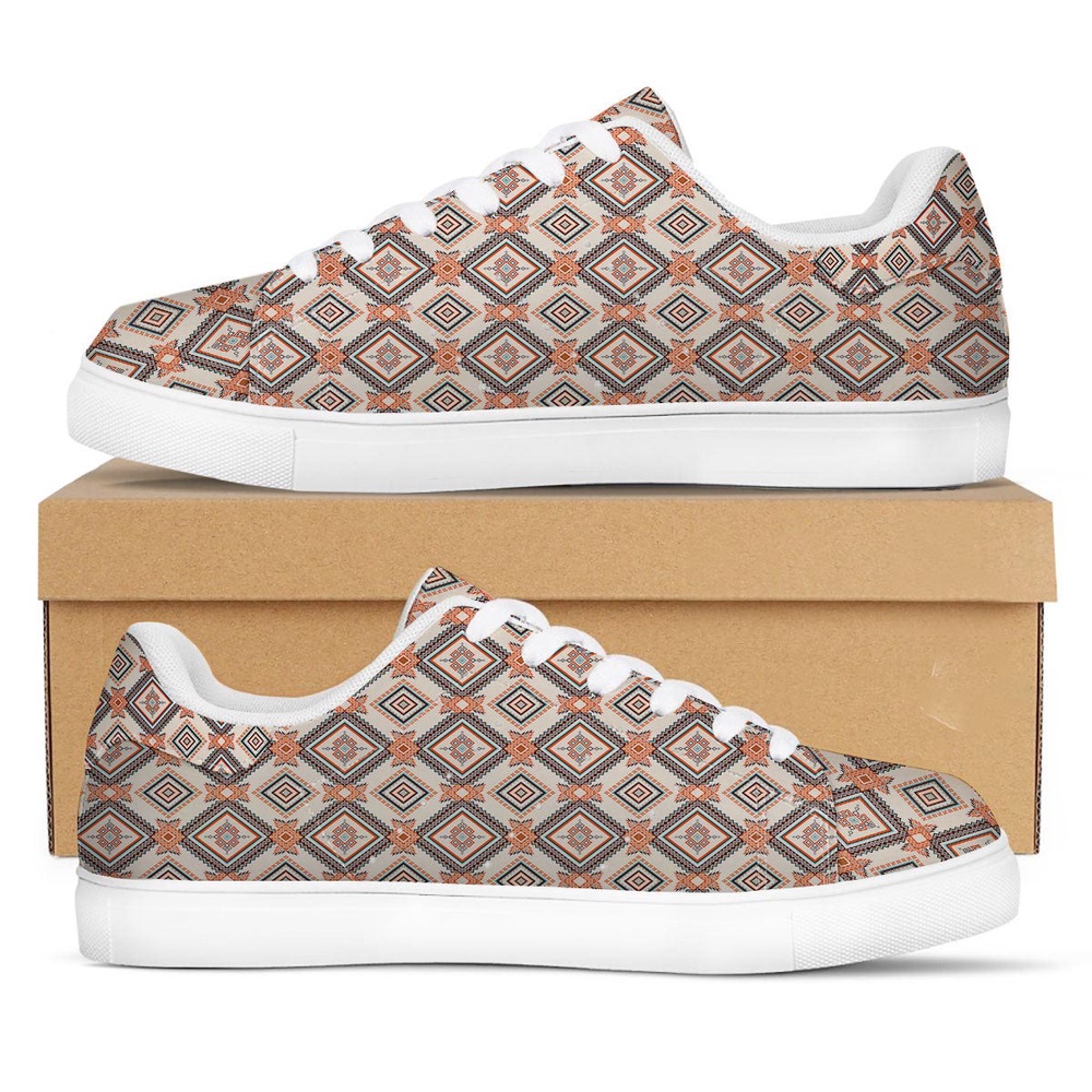 Native American Shoes, Geometric Native American Print Pattern White Low Top Sneakers, Native American Low Top Shoes