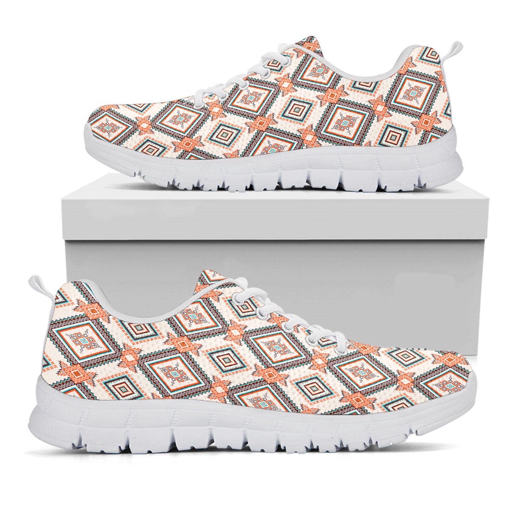 Native American Shoes, Geometric Native American Print Pattern White Sneaker