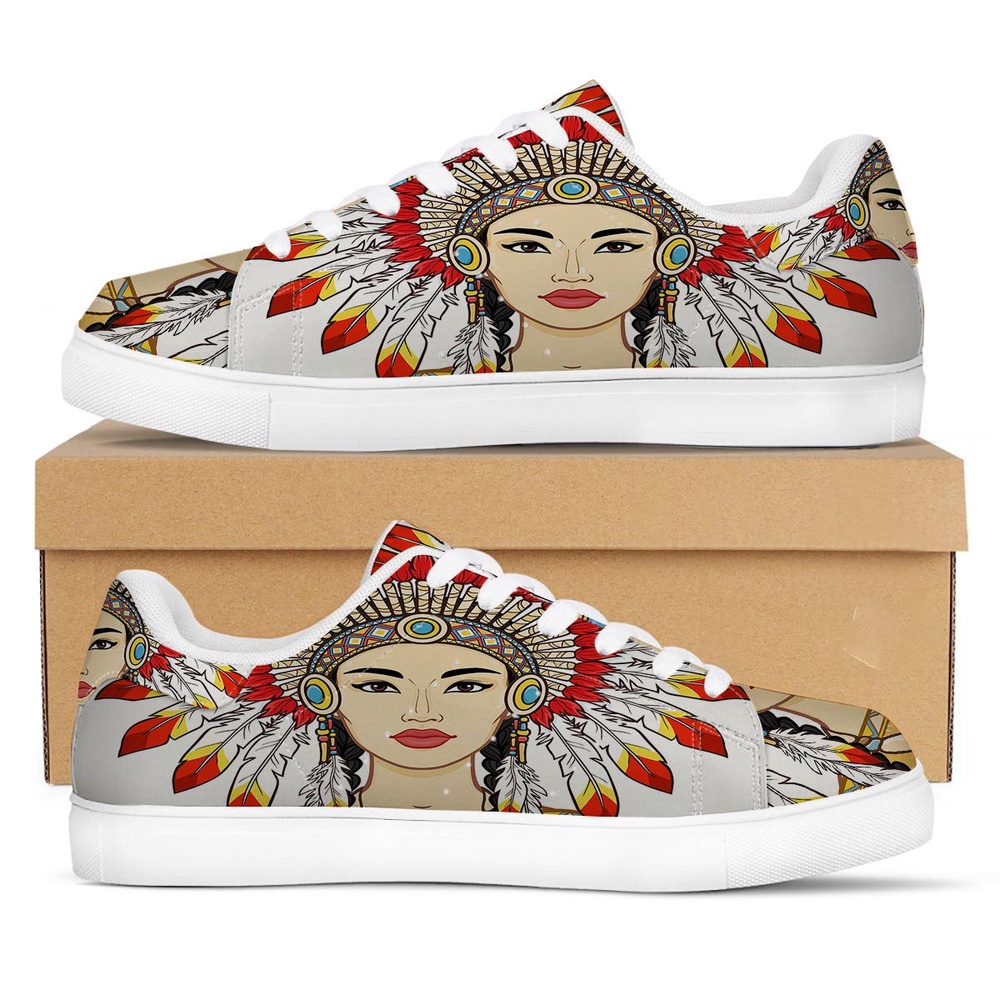 Native American Shoes, Indian Girl Native American Print White Low Top Sneakers, Native American Low Top Shoes Native American Shoes, Indian Girl Native American Print White Low Top Sneakers, Native American Low Top Shoes