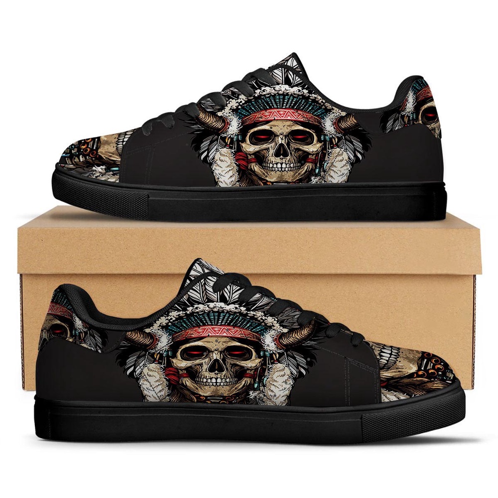 Native American Shoes, Indian Skull Native American Print Black Low Top Sneakers, Native American Low Top Shoes