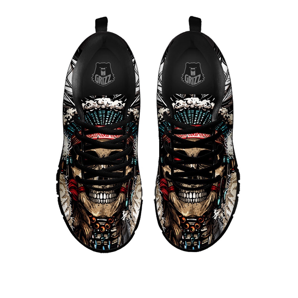 Native American Shoes, Indian Skull Native American Print Black Sneaker