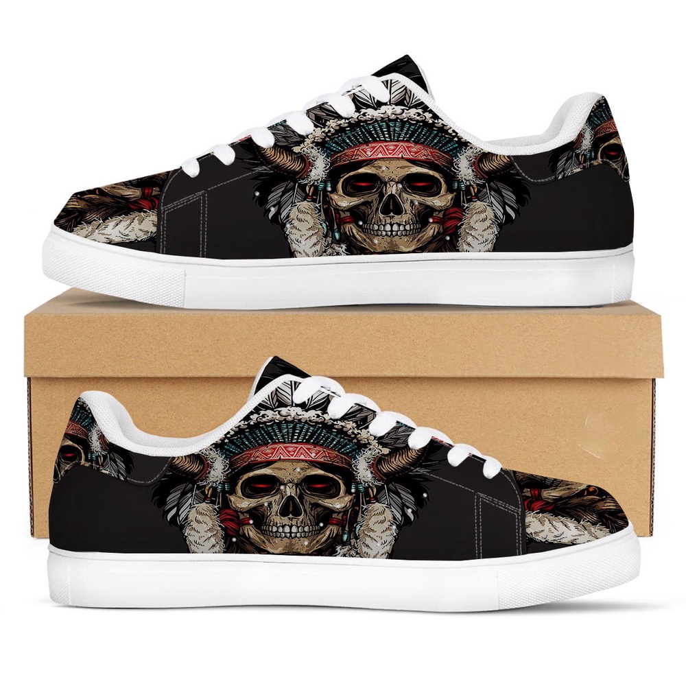 Native American Shoes, Indian Skull Native American Print White Low Top Sneakers, Native American Low Top Shoes