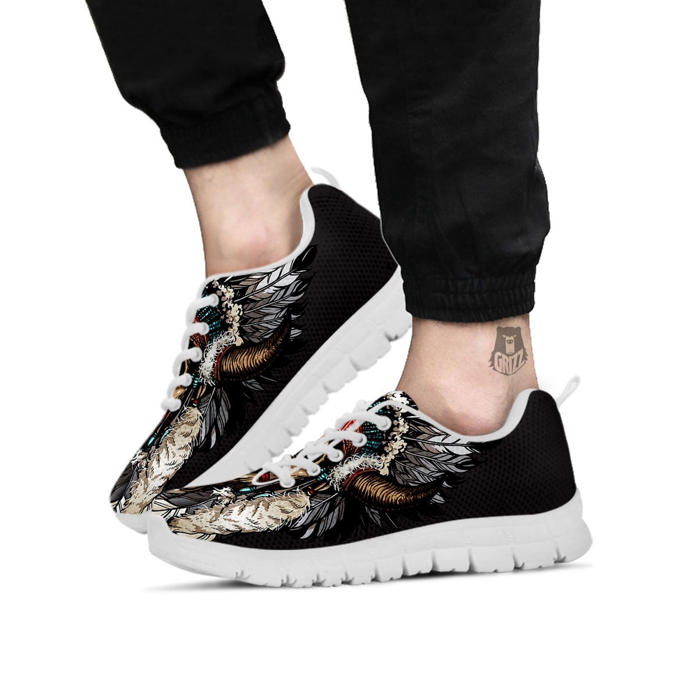 Native American Shoes, Indian Skull Native American Print White Sneaker