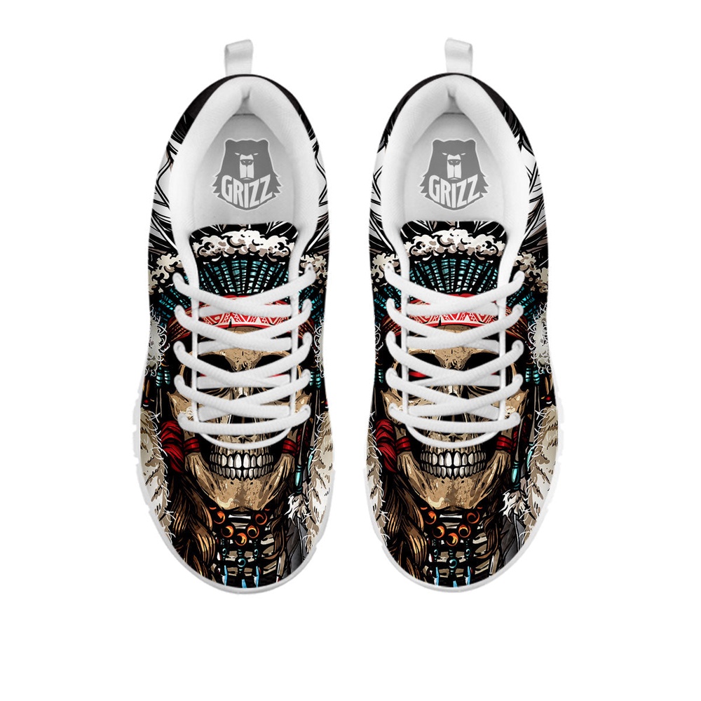 Native American Shoes, Indian Skull Native American Print White Sneaker