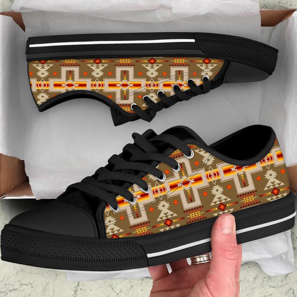 Native American Shoes, Light Brown Tribe Design Native American Low Top Canvas Shoe, Native American Low Top Shoes