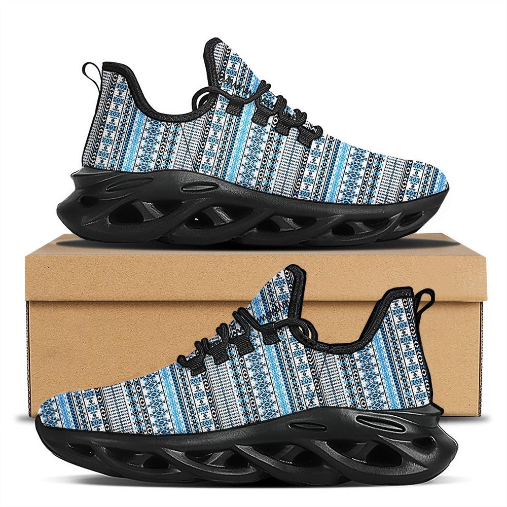Native American Shoes, Native American Running Shoes, American Aztec Blue Native Print Pattern Black Running Shoes
