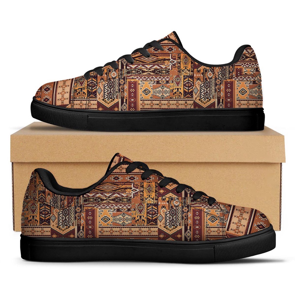 Native American Shoes, Patchwork Grunge Native American Print Pattern Black Low Top Sneakers, Native American Low Top Shoes