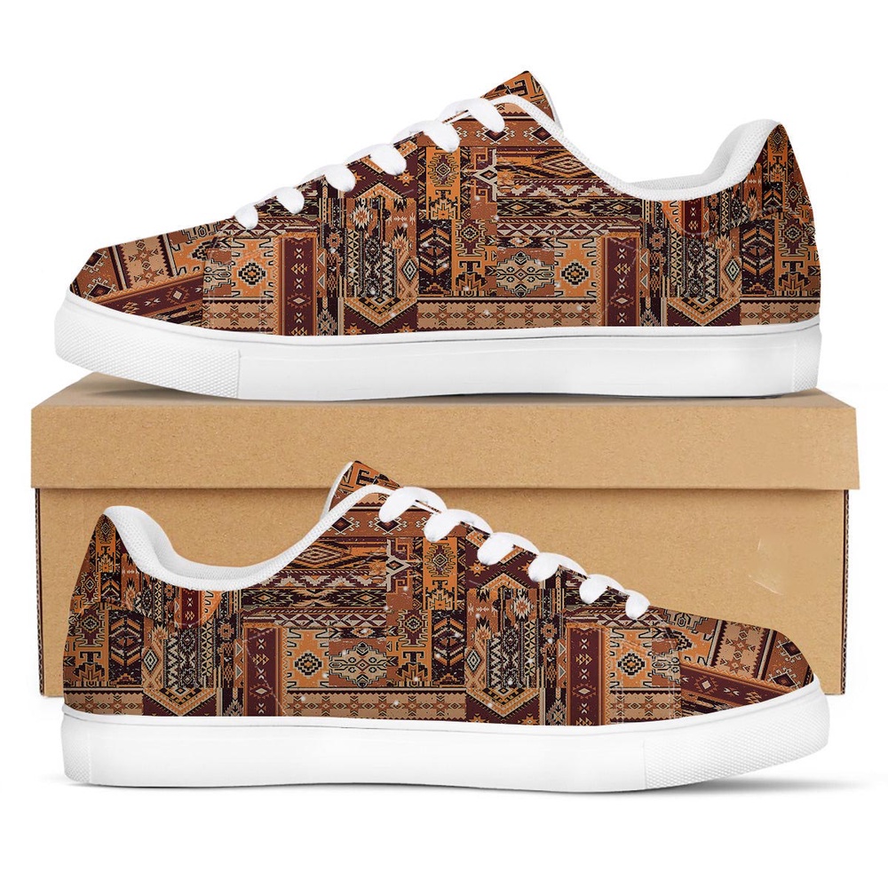 Native American Shoes, Patchwork Grunge Native American Print Pattern White Low Top Sneakers, Native American Low Top Shoes