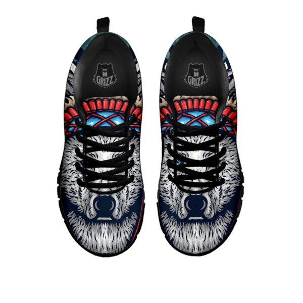 Native American Shoes, Spirit Animal Native American Wolf Print Black Sneaker