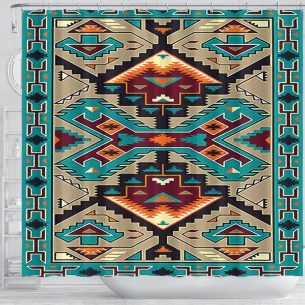 Native American Shower Curtain, Blue Tribe Pattern Native American Design Shower Curtain, Designer Shower Curtains