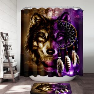 Native American Shower Curtain, Dreamcatcher Purple Wolf…