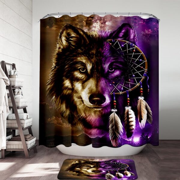 Native American Shower Curtain, Dreamcatcher Purple Wolf Native American Shower Curtain & Mat Set, Designer Shower Curtains