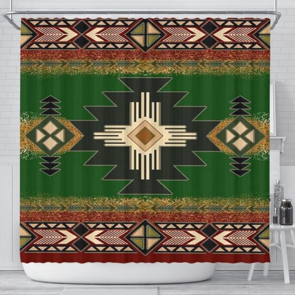 Native American Shower Curtain, Green Tribe Pattern Native American Design Shower Curtain, Designer Shower Curtains