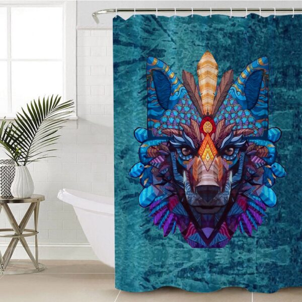 Native American Shower Curtain, Native American Colorful Wolf Shower Curtain, Designer Shower Curtains
