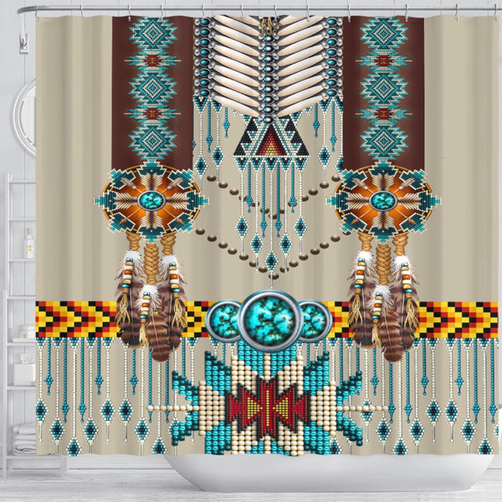 Native American Shower Curtain, Turquoise Blue Pattern Breastplate Native American Shower Curtain, Designer Shower Curtains