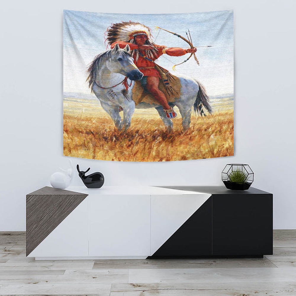 Native American Tapestry, Native American Chief Shooting Bow And Arrow Tapestry, Wall Tapestry Native American