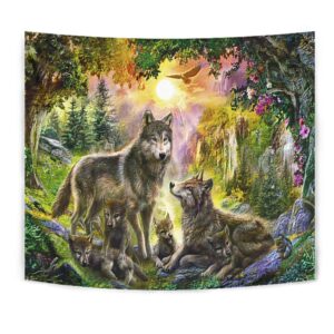 Native American Tapestry, Wolf Happiness Family In…
