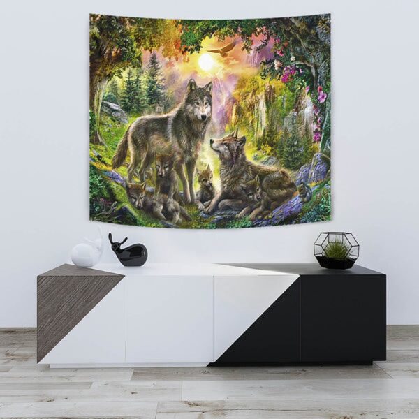 Native American Tapestry, Wolf Happiness Family In The Spring Forest Tapestry, Wall Tapestry Native American