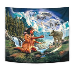 Native American Tapestry, Wolves & Native Women…