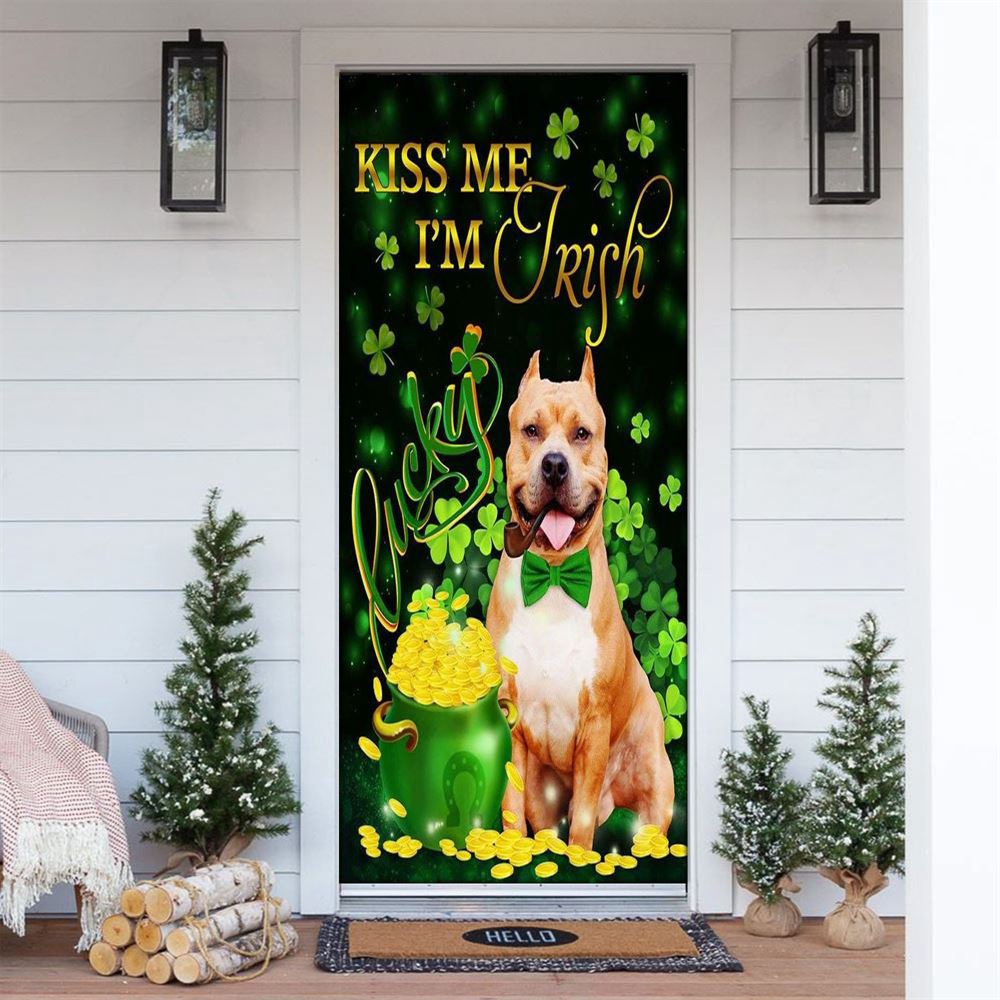 Pit Bull Kiss Me I’m Irish St Patrick’s Day Door Cover, St Patrick’s Day Door Cover, St Patrick’s Day Door Decor