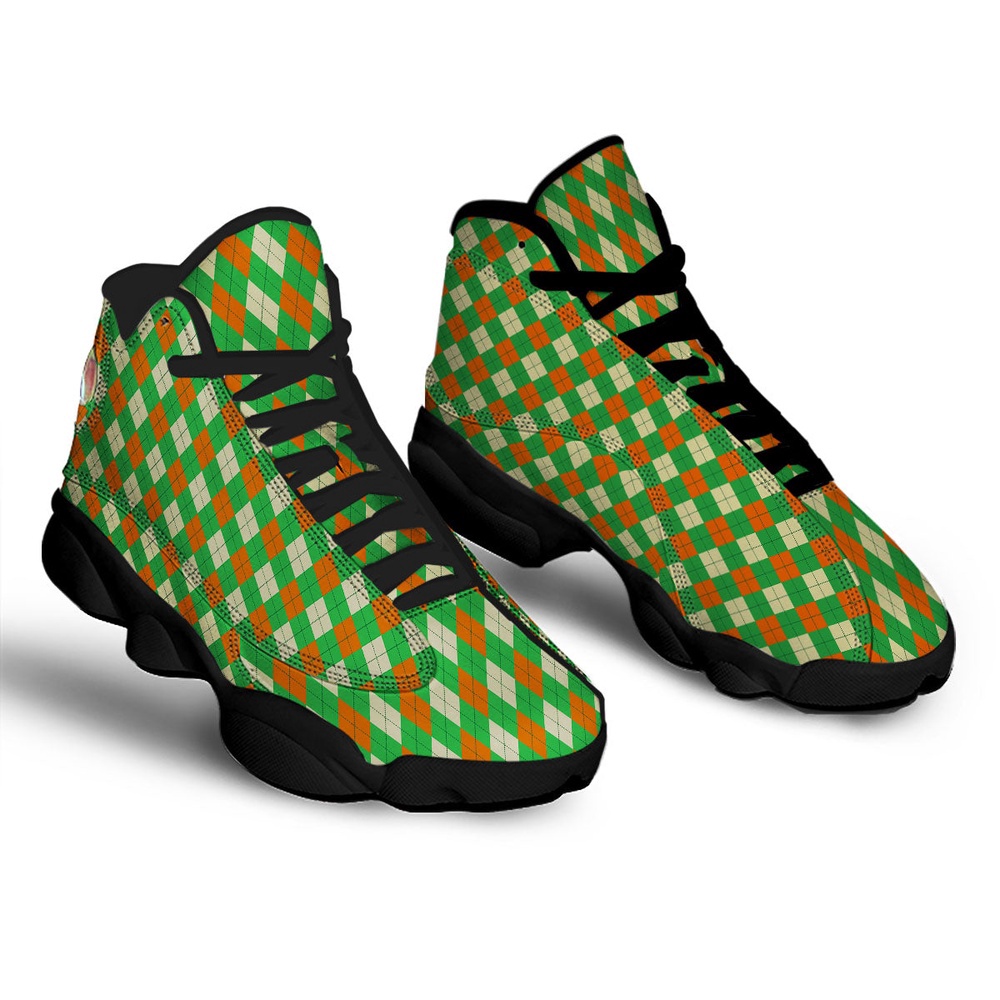 St Patrick’s Day Shoes, Argyle Saint Patrick’s Day Print Pattern Black Basketball Shoes