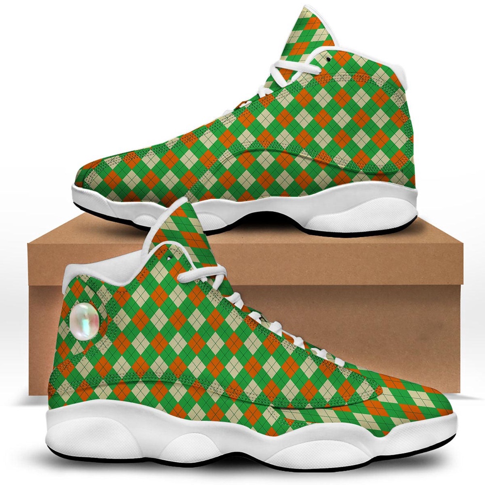 St Patrick’s Day Shoes, Argyle Saint Patrick’s Day Print Pattern White Basketball Shoes