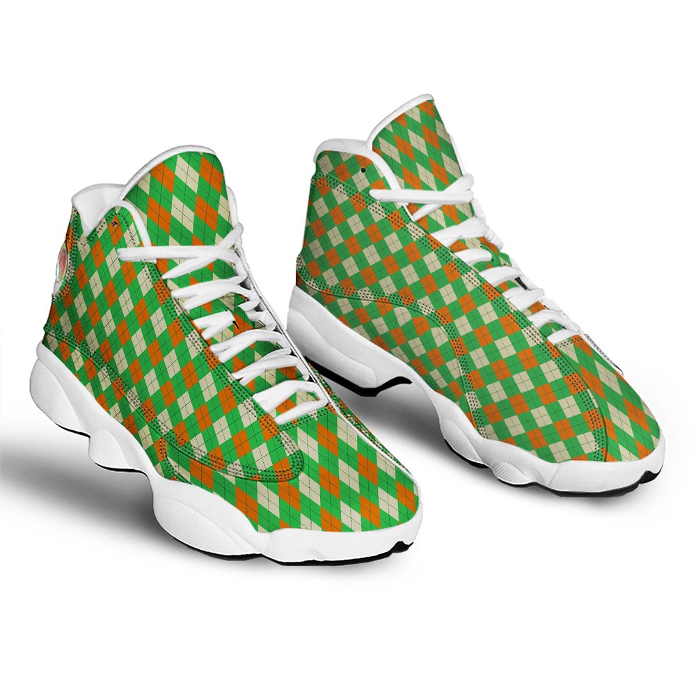St Patrick’s Day Shoes, Argyle Saint Patrick’s Day Print Pattern White Basketball Shoes