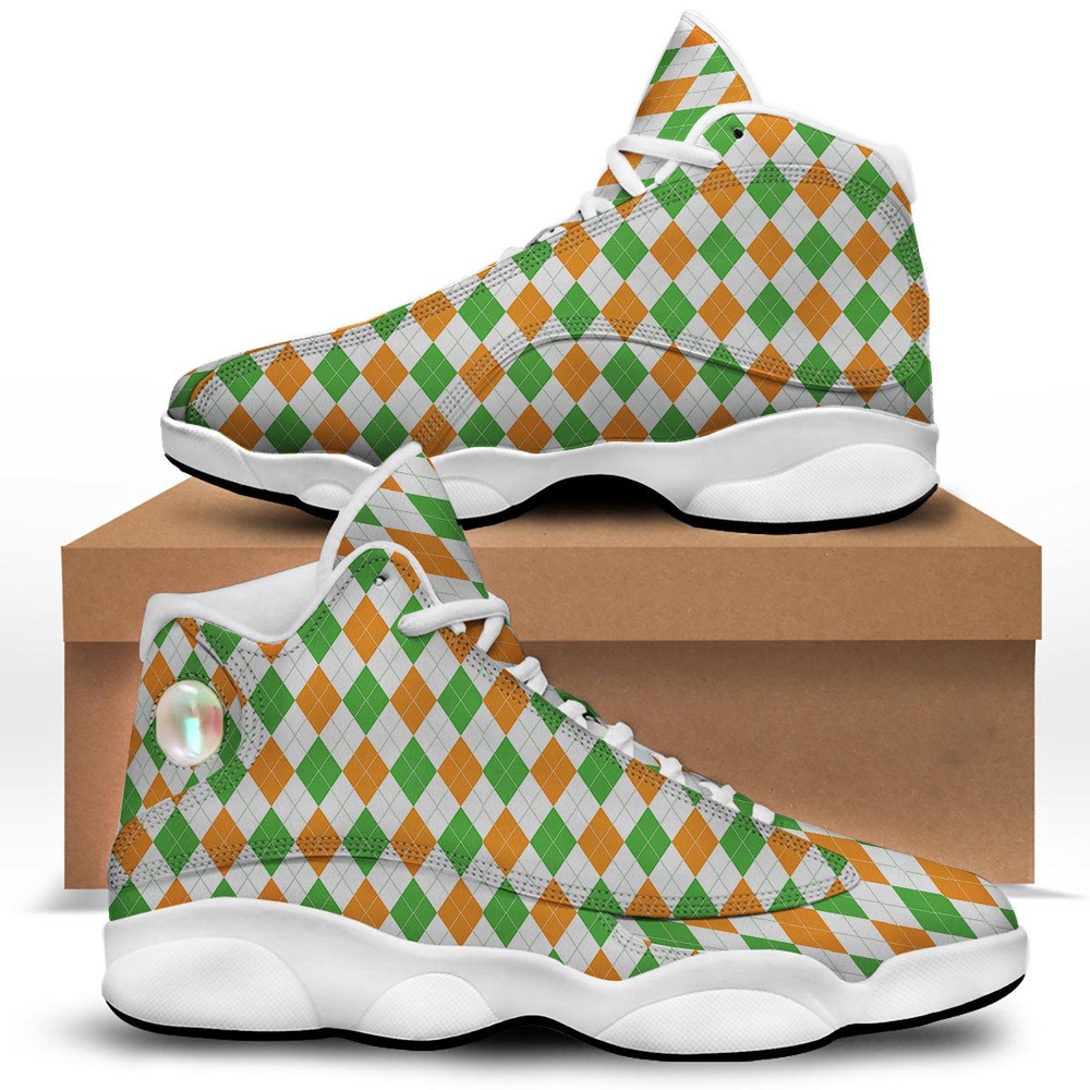 St Patrick’s Day Shoes, Argyle St Patrick’s Day Print Pattern White Basketball Shoes St Patrick’s Day Shoes, Argyle St Patrick’s Day Print Pattern White Basketball Shoes