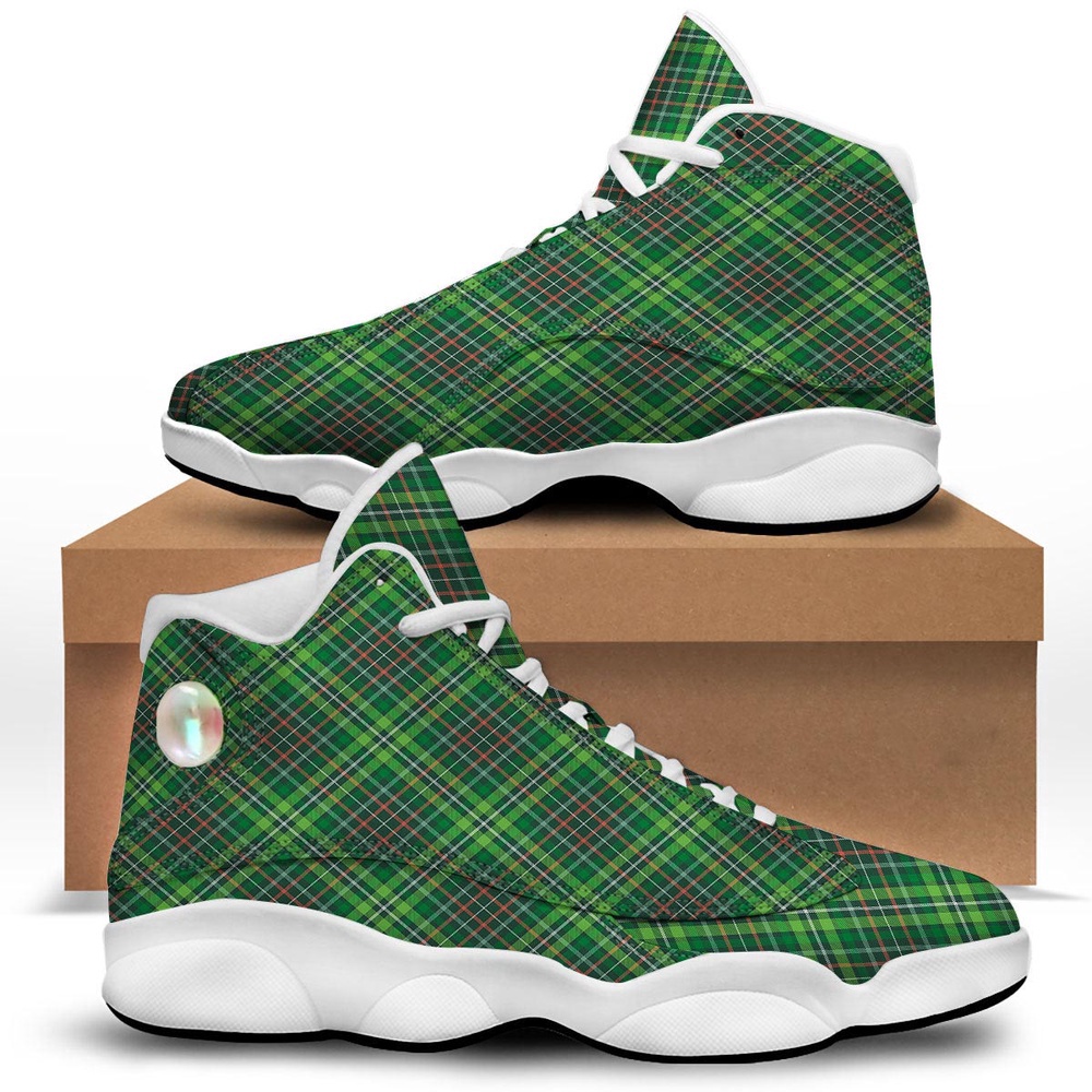 St Patrick’s Day Shoes, Irish Tartan Saint Patrick’s Day Print Pattern White Basketball Shoes