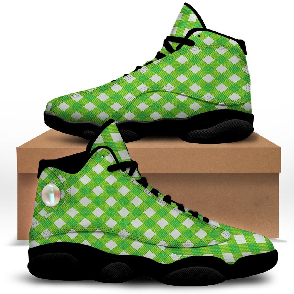 St Patrick’s Day Shoes, Saint Patrick’s Day Green Plaid Print Black Basketball Shoes