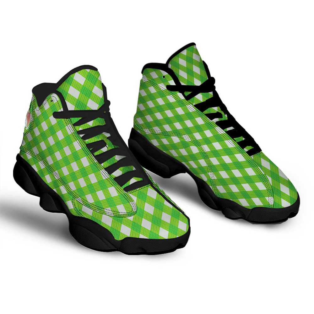 St Patrick’s Day Shoes, Saint Patrick’s Day Green Plaid Print Black Basketball Shoes
