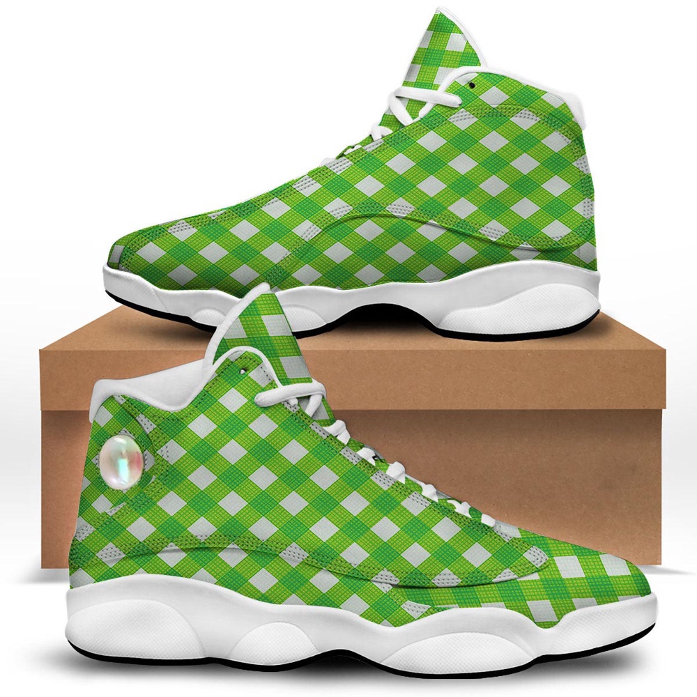 St Patrick’s Day Shoes, Saint Patrick’s Day Green Plaid Print White Basketball Shoes St Patrick’s Day Shoes, Saint Patrick’s Day Green Plaid Print White Basketball Shoes