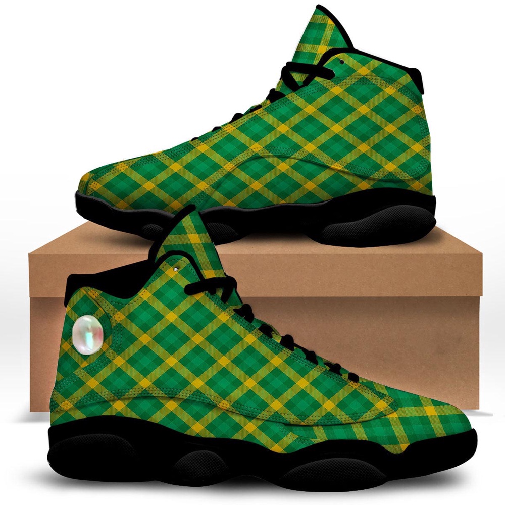 St Patrick’s Day Shoes, Saint Patrick’s Day Irish Plaid Print Black Basketball Shoes