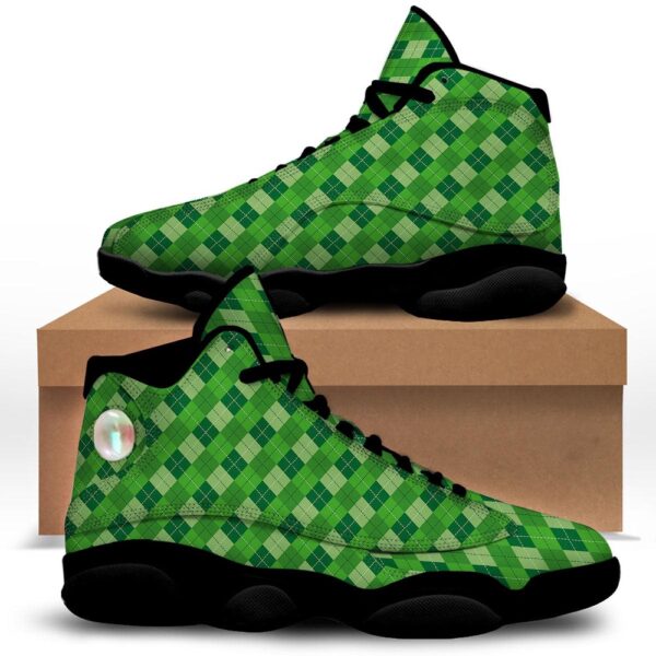 St Patrick’s Day Shoes, St. Patrick’s Day Green Plaid Print Black Basketball Shoes