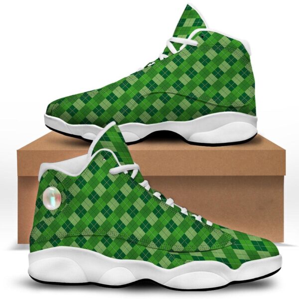 St Patrick’s Day Shoes, St. Patrick’s Day Green Plaid Print White Basketball Shoes