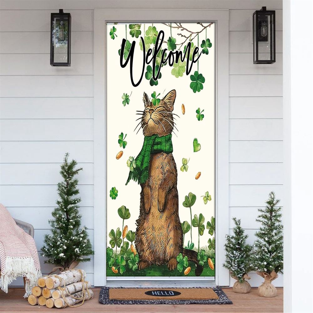 St Patrick’s Day Welcome Cat And Shamrock Clover Door Cover, St Patrick’s Day Door Cover, St Patrick’s Day Door Decor