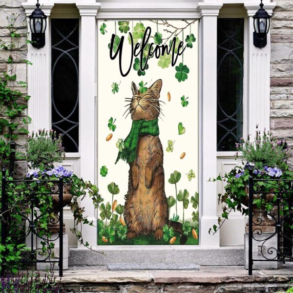 St Patrick’s Day Welcome Cat And Shamrock Clover Door Cover, St Patrick’s Day Door Cover, St Patrick’s Day Door Decor