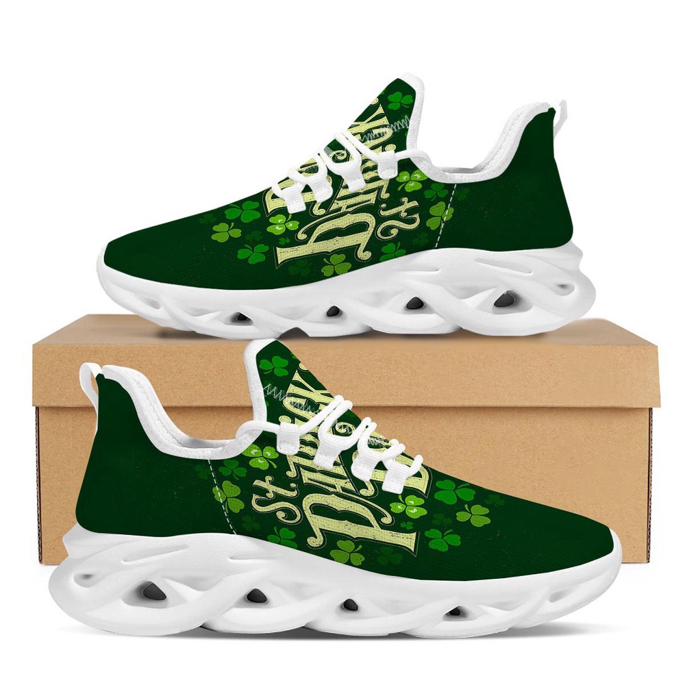 St Patrick’s Running Shoes, Saint Patrick’s Day Green Clover Print White Running Shoes