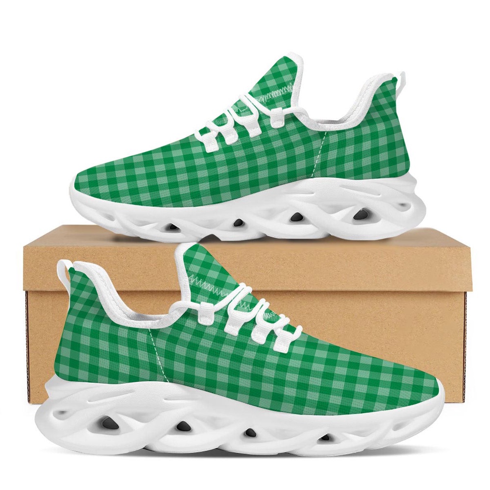 St Patrick’s Running Shoes, Saint Patrick’s Day Green Tartan Print White Running Shoes