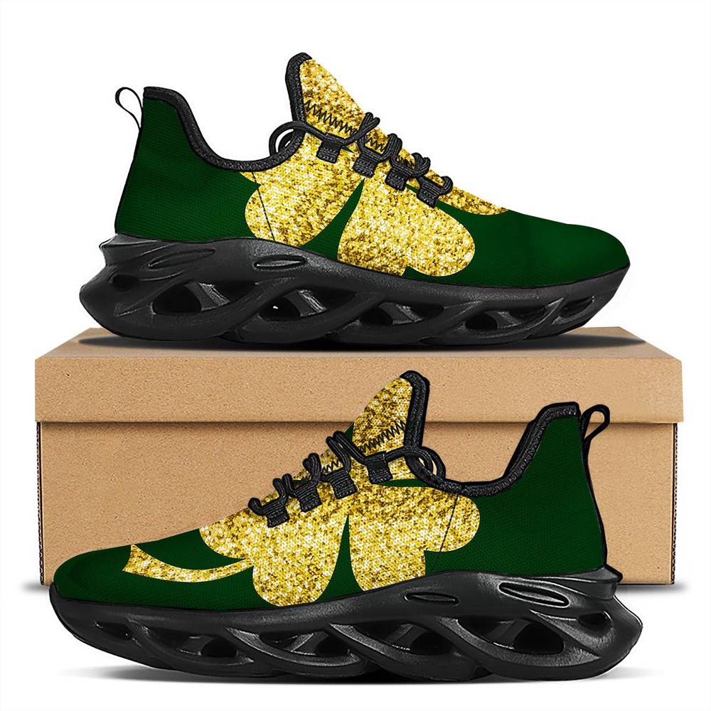 St Patrick’s Running Shoes, St. Patrick’s Day Gold Clover Print Black Running Shoes