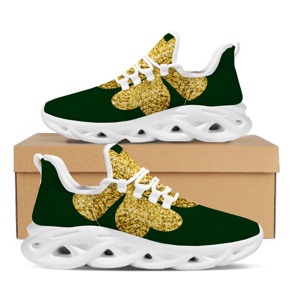 St Patrick’s Running Shoes, St. Patrick’s Day Gold Clover Print White Running Shoes