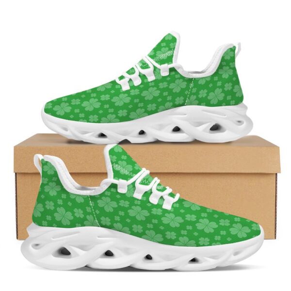 St Patrick’s Running Shoes, St. Patrick’s Day Shamrock Leaf Print Pattern White Running Shoes