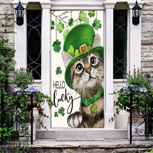 St Patricks Day Hello Lucky Kitten Cat And Shamrock Clover Door Cover, St Patrick’s Day Door Cover, St Patrick’s Day Door Decor