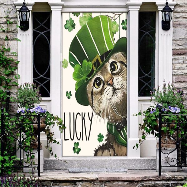 St Patricks Day Lucky Cat And Shamrock Clover Door Cover, St Patrick’s Day Door Cover, St Patrick’s Day Door Decor
