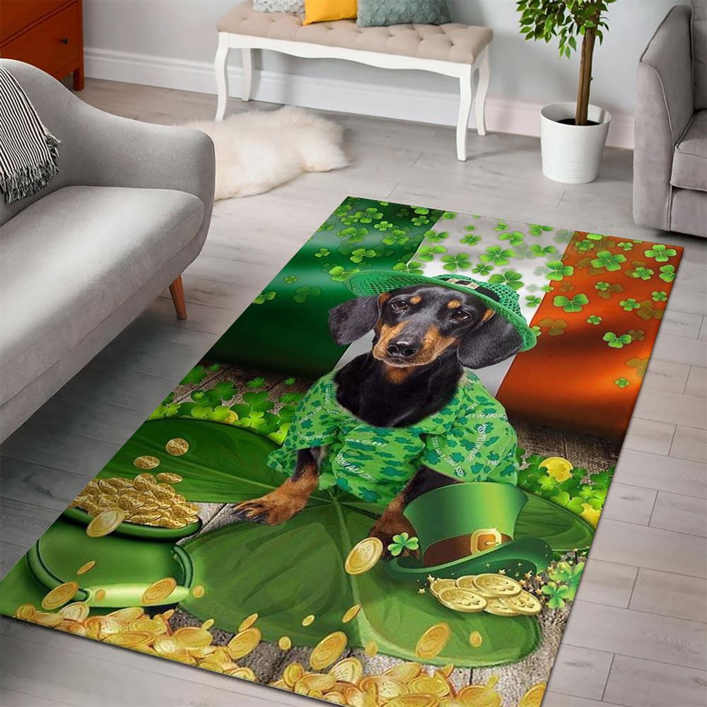 St Patricks Day Rug, Dachshund With Gold And Clovers Around St Patrick’s Day Rug